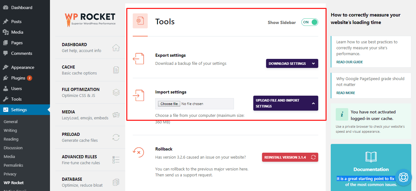 wp rocket import and export feature